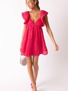 Blooming Love Hot Pink Statement Flutter Sleeve Floral Mini Dress Size Medium
